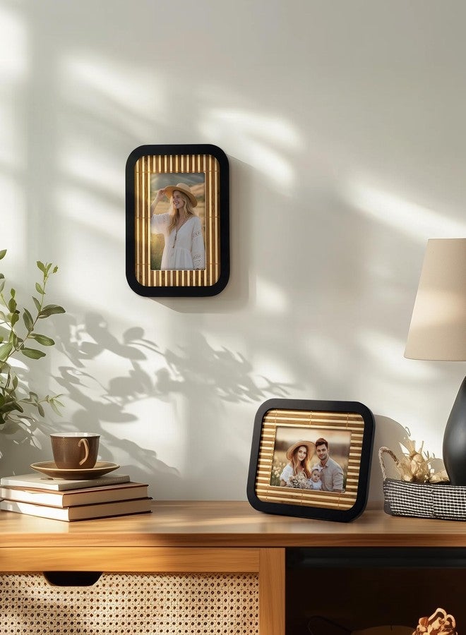 SUMGAR Boho 4x6 Picture Frame Black Natural Wood 4 x 6 Picture Frames Bamboo Woven Rustic Photo Frame Painting Living Room Wall Decor Gift for Family Grandma Mom Tabletop Wall Hanging - Image 2